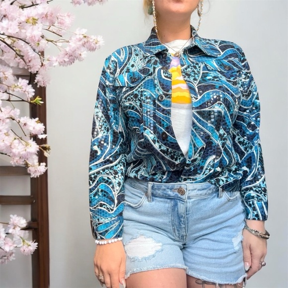 Retro Ruby Road Sz 12P Women's Blue Light Weight Jacket Shiny Button Up Pockets - Picture 1 of 11